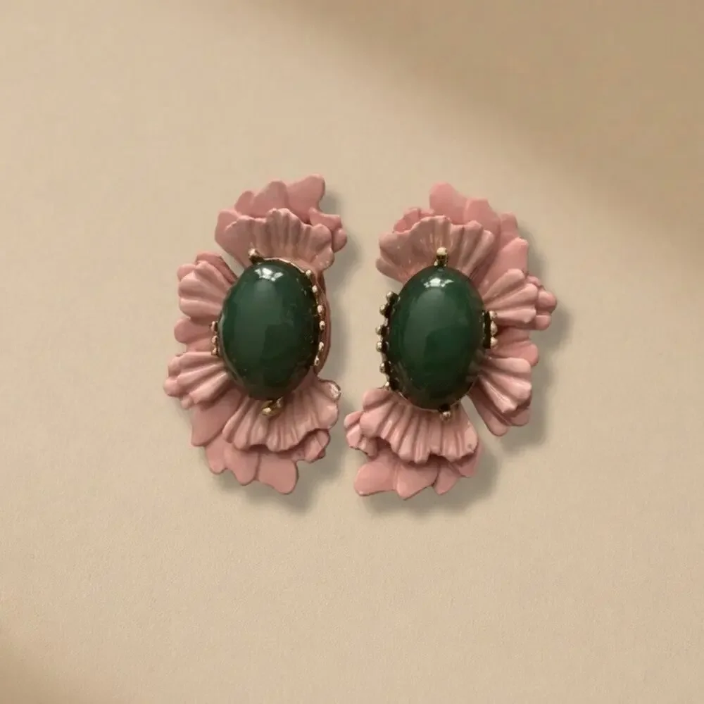Art Deco Museum Flower Earrings Antique Pink Half Stud Boho VTG Retro Gold Pink